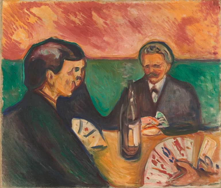 Drei Männer beim Kartenspiel am Tisch vor orangerotem Abendhimmel – Edvard Munch Kartenspieler in Elgersburg Kunstkopie