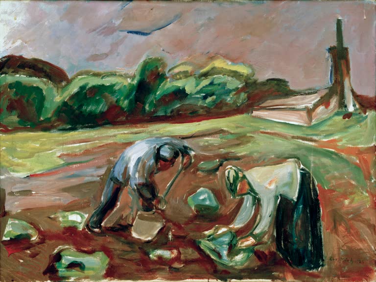 Zwei Menschen graben Kartoffeln auf einem Feld mit Baumgruppe und Turm – Edvard Munch Kartoffelernte Kunstkopie