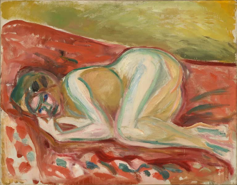 Nackte Frau kauert mit gesenktem Kopf auf einem roten Sofa – Edvard Munch Kauernder Akt Kunstkopie