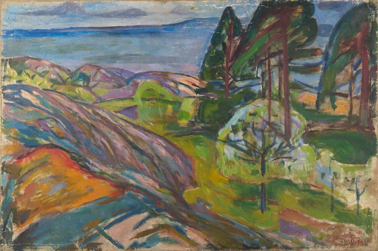 Küstenlandschaft mit Kiefern und blühenden Obstbäumen am Meer – Edvard Munch Kiefern und Obstbäume in Blüte Kunstkopie