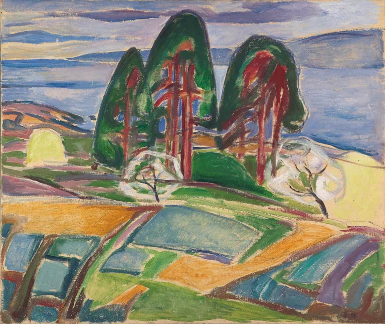 Grüne Kiefern und blühende Obstbäume über Feldern am Fjord – Edvard Munch Kiefern und Obstbäume in Blüte Kunstkopie
