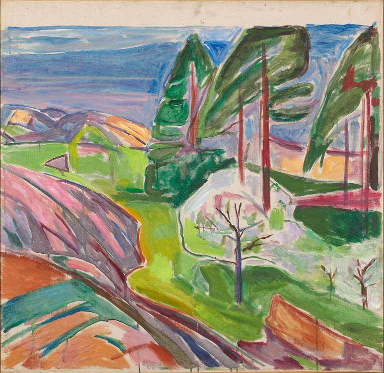 Kiefern und blühende Obstbäume auf bunten Hügeln über blauem Meer – Edvard Munch Kiefern und Obstbäume in Blüte Kunstkopie