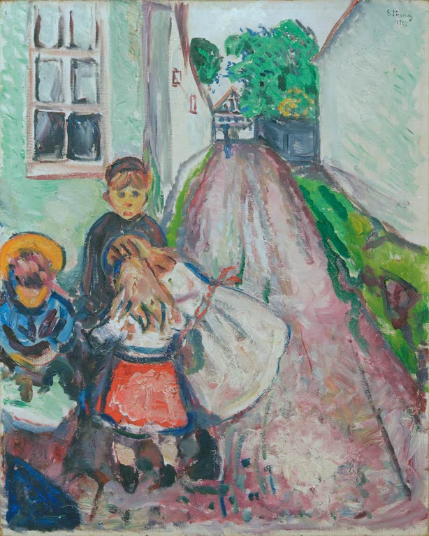 Kinder auf einer Straße vor weißem Haus mit ansteigendem Weg – Edvard Munch Kinder auf der Straße, Warnemünde Kunstkopie