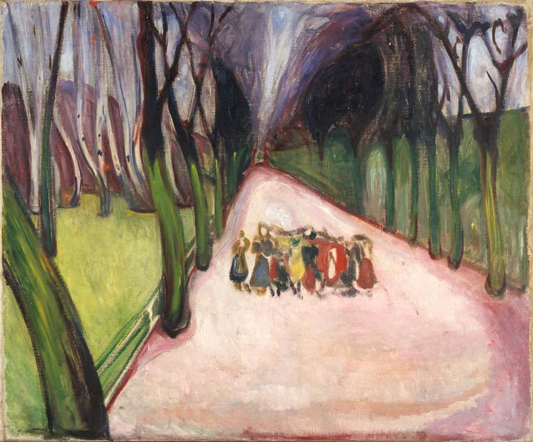 Kinderschar in bunten Kleidern auf rosa Weg zwischen kahlen Bäumen – Edvard Munch Kinder auf der Straße Kunstkopie
