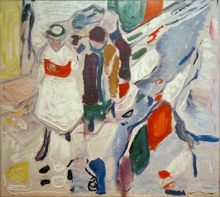 Kinder in bunter Kleidung auf einer verschneiten Straße, locker gemalt – Edvard Munch Kinder auf der Straße Kunstkopie