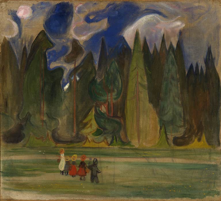Kinder in hellen und roten Kleidern vor dunklem Fichtenwald – Edvard Munch Kinder im Wald Kunstkopie