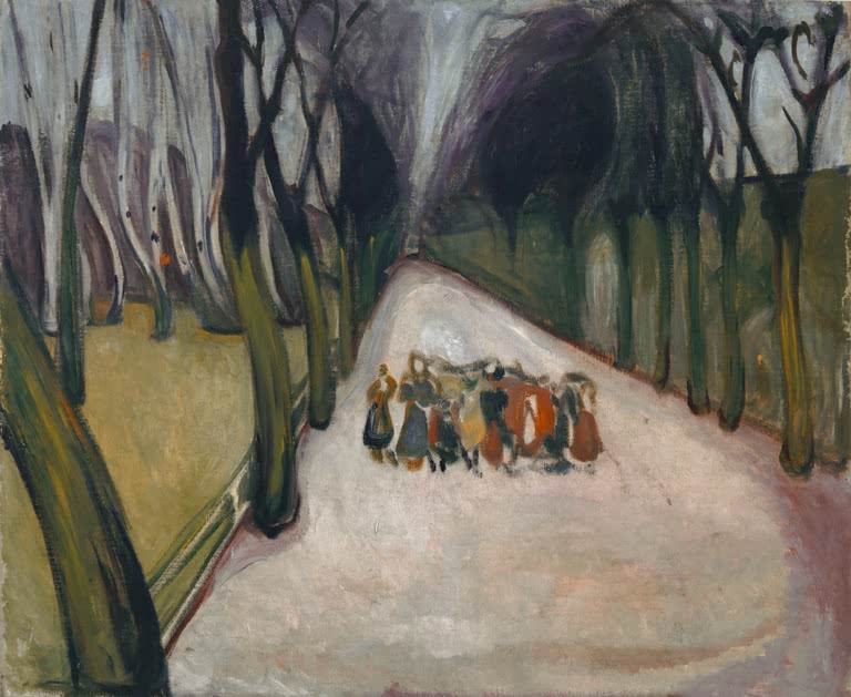 Eine Gruppe Kinder geht auf einer hellen Allee zwischen kahlen Bäumen – Edvard Munch Kinder in der Allee Kunstkopie