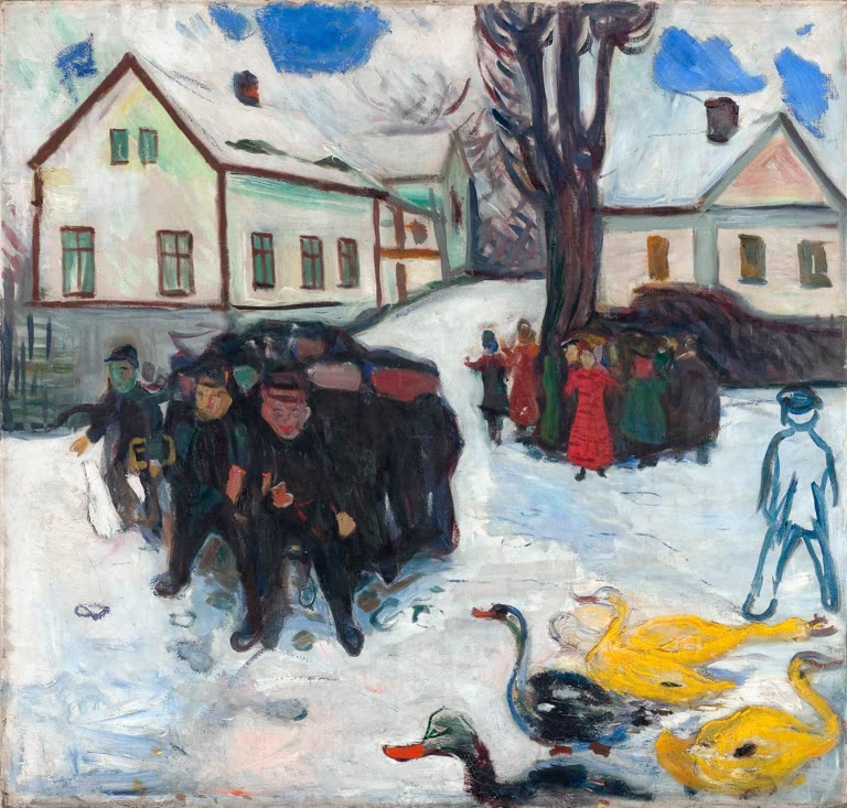 Verschneiter Hof mit Menschentraube, rotem Mädchen und gelben Enten – Edvard Munch Kinder und Enten Kunstkopie