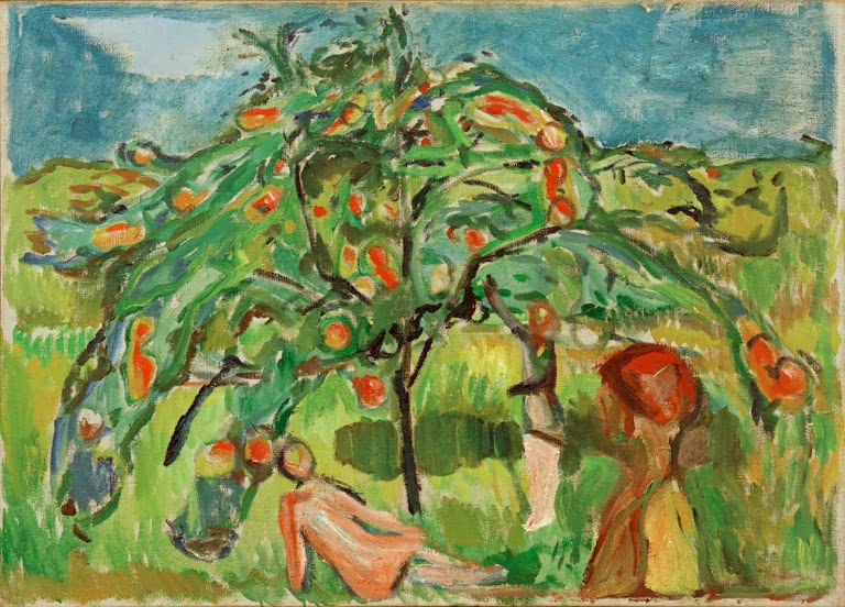 Kinder spielen und liegen unter einem Apfelbaum mit roten Früchten – Edvard Munch Kinder unterm Apfelbaum Kunstkopie
