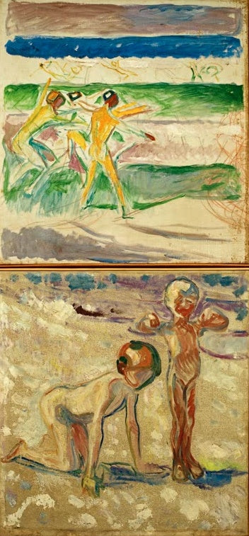 Zwei übereinander gesetzte Szenen: tanzende Gestalten am Strand, darunter krabbelndes Kind – Edvard Munch Kindheit Kunstkopie