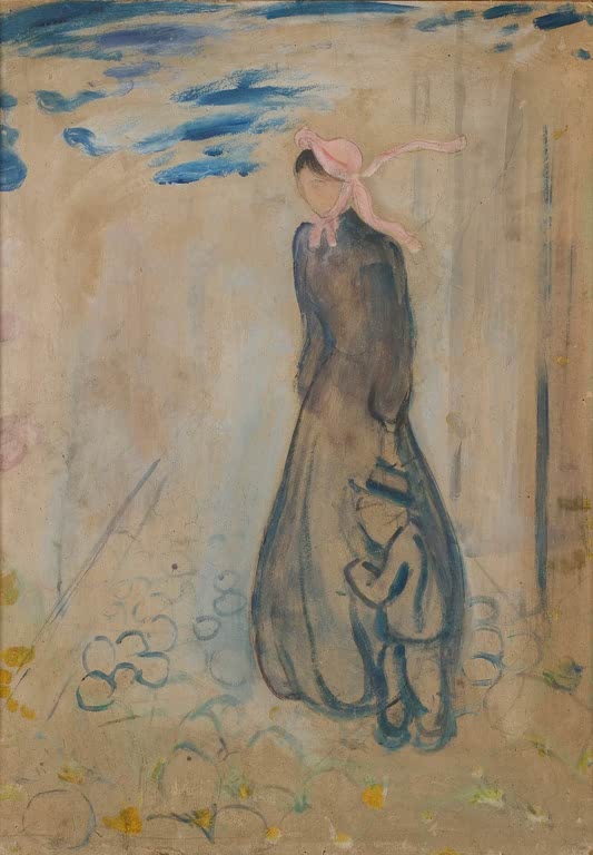 Frau im langen dunklen Kleid mit rosa Kopftuch und Kind – Edvard Munch Kindheitserinnerung. Vor dem Tor Kunstkopie
