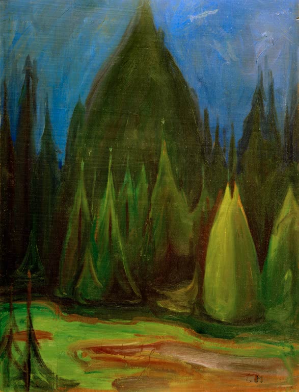 Dunkle Kirche im Wald zwischen grünen Tannen unter blauem Himmel – Edvard Munch Kirche im Wald Kunstkopie
