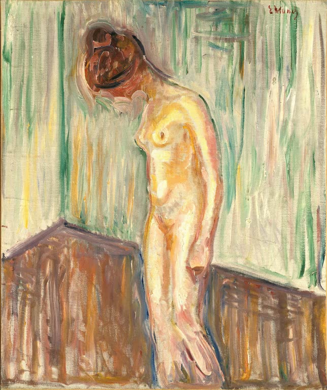 Nackte Frau mit gesenktem Kopf neben einem Bett vor senkrecht gestrichener Wand – Edvard Munch Klagende Frau Kunstkopie