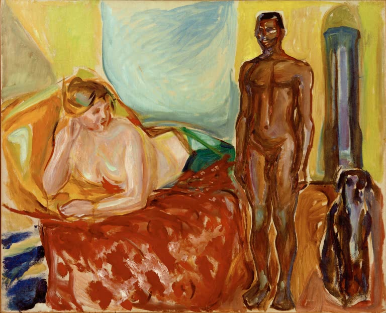 Liegende Frau auf rotem Sofa neben einem stehenden nackten Mann mit Hund – Edvard Munch Kleopatra und der Sklave Kunstkopie
