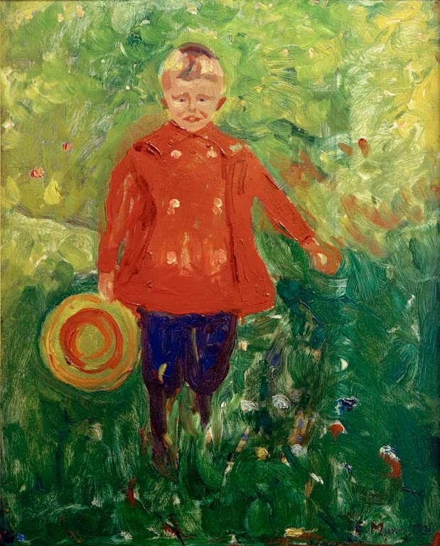 Junge in roter Jacke und blauer Hose steht in sommerlich grüner Wiese – Edvard Munch Knabe mit Jacke Kunstkopie