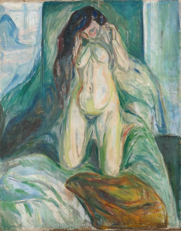 Edvard Munch Kniender Akt Kunstkopie, kniende Frau mit erhobenen Armen vor grünem Vorhang
