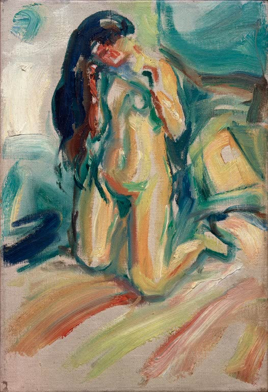 Kniende nackte Frau mit dunklem Haar in farbig bewegtem Raum – Edvard Munch Kniender Akt Kunstkopie
