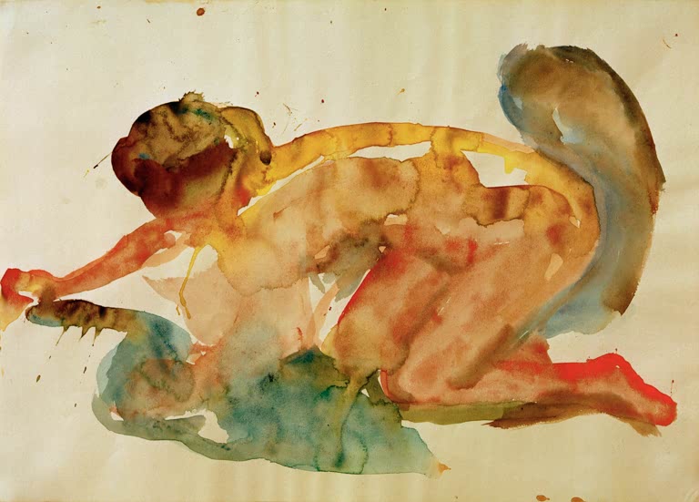 Kniender Akt in fließenden gelben und roten Aquarelltönen – Edvard Munch Kniender Akt Kunstkopie