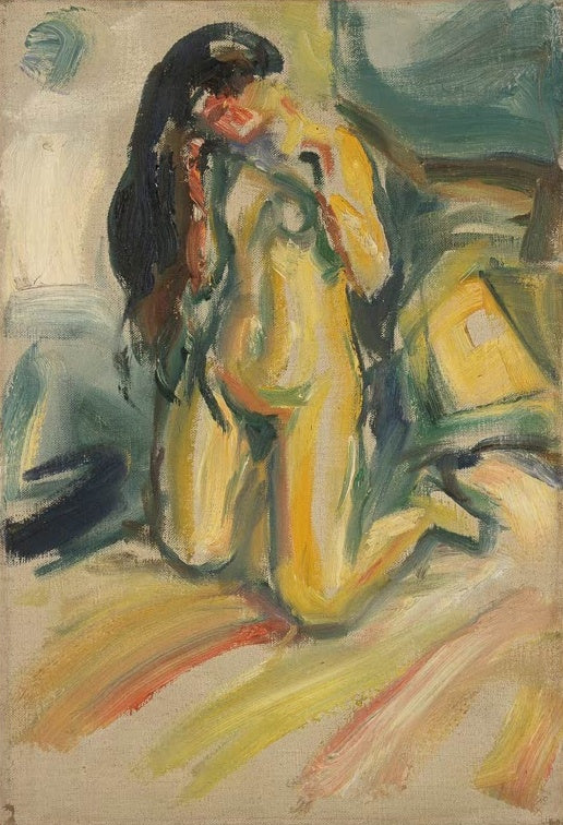 Kniender gelber Frauenakt mit langem schwarzem Haar in der Zimmerecke – Edvard Munch Kniender Akt Kunstkopie