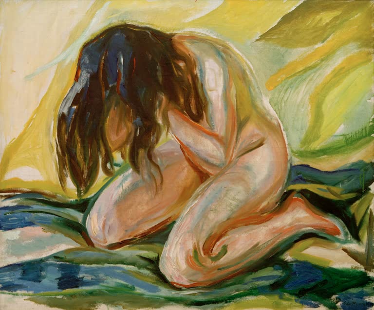 Nackte Frau kniet mit gesenktem Kopf, die langen Haare bedecken das Gesicht – Edvard Munch Kniender weiblicher Akt Kunstkopie