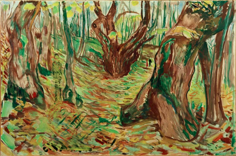 Krumme Baumstämme in einem herbstlichen Wald mit buntem Laub auf dem Boden – Edvard Munch Knorrige Baumstämme II Kunstkopie