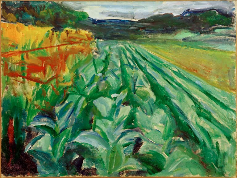 Reihen von Kohlpflanzen auf einem Feld vor Wald und Hügeln – Edvard Munch Kohlfeld Kunstkopie