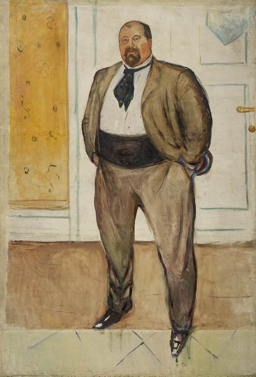 Ganzfigurenbildnis eines kräftigen Mannes im Anzug mit Hut vor heller Tür – Edvard Munch Konsul Christen Sandberg Kunstkopie