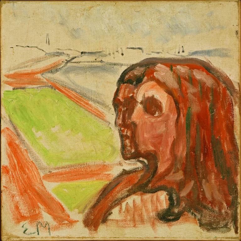 Zwei Köpfe mit rotbraunem Haar vor stilisierter grüner Landschaft – Edvard Munch Kopf an Kopf. Landschaftsmotiv Kunstkopie