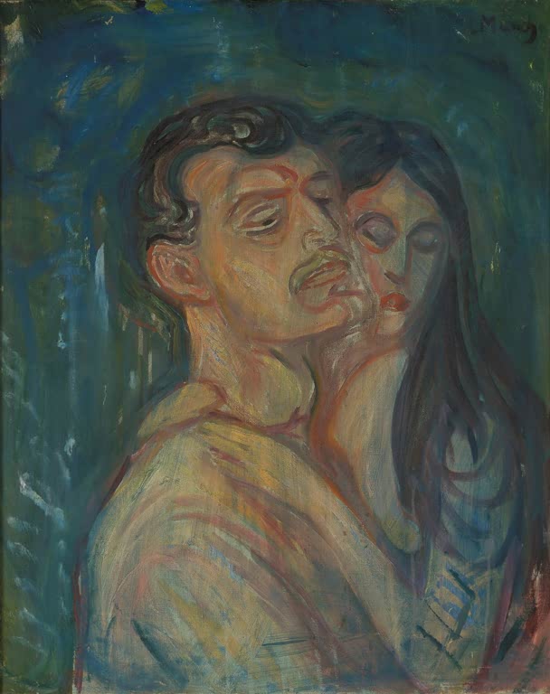 Mann und Frau eng Wange an Wange mit geschlossenen Augen vor dunkelgrünem Grund – Edvard Munch Kopf an Kopf Kunstkopie