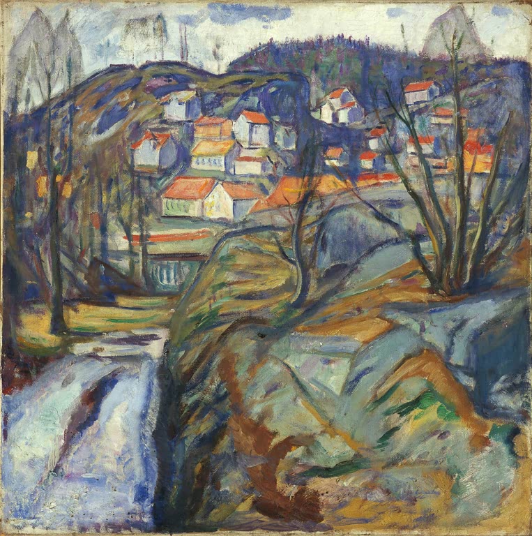 Kleiner Ort mit roten Dächern zwischen kahlen Bäumen und Felsen im Frühling – Edvard Munch Kragerø im Frühling Kunstkopie