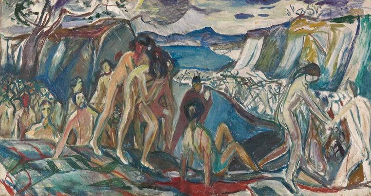 Edvard Munch Krieg, 1918 Kunstkopie, nackte Gestalten an felsiger Bucht mit blauem Wasser und bewölktem Himmel