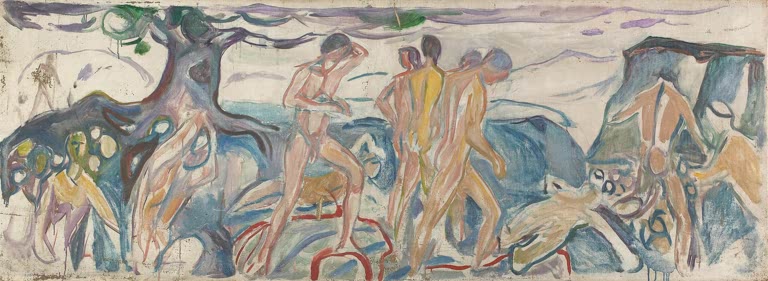 Nackte Männer und Figuren in einem breiten Fries unter Bäumen – Edvard Munch Krieg Kunstkopie