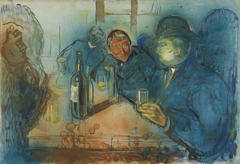 Männer in dunklen Mänteln beugen sich über Tisch mit Flaschen und Gläsern – Edvard Munch Kristiania-Bohemiens Kunstkopie