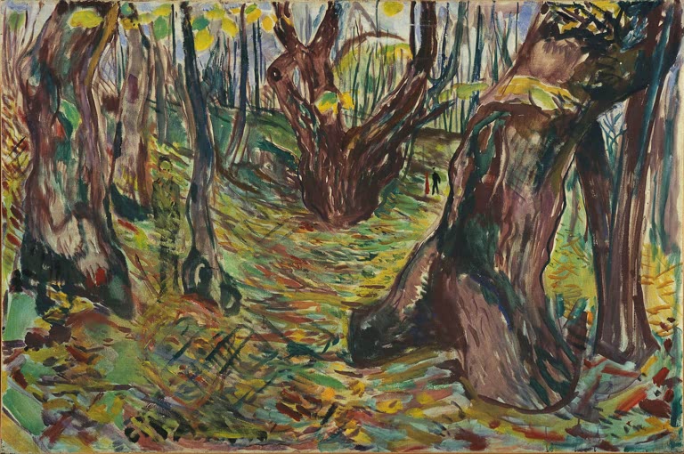 Knorrige Baumstämme in herbstlich buntem Wald mit Pfad – Edvard Munch Krumme Stämme Kunstkopie
