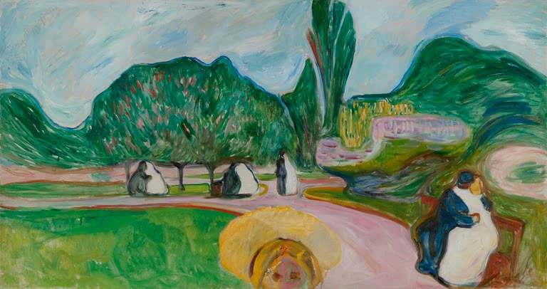 Küssendes Paar auf einer Bank im grünen Park mit rosa Wegen – Edvard Munch Küssende Paare im Park Kunstkopie