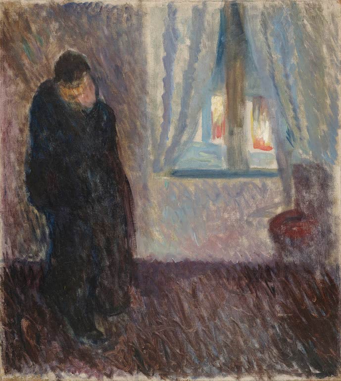 Dunkle Gestalt steht gebeugt in einem Raum neben einem Fenster mit Vorhang – Edvard Munch Kuss am Fenster Kunstkopie