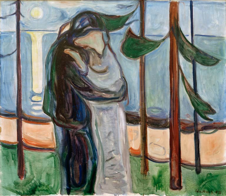Küssendes Paar zwischen Kiefern am Strand vor hellem Himmel – Edvard Munch Kuss am Strand Kunstkopie