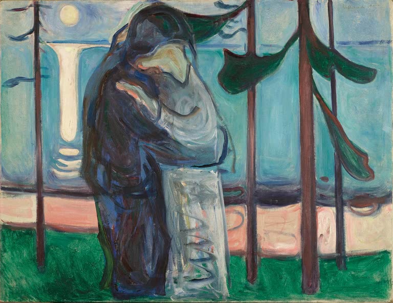 Umarmtes Paar am Ufer, schlanke Fichten und Mondlicht auf dem Wasser – Edvard Munch Kuss am Ufer im Mondlicht Kunstkopie