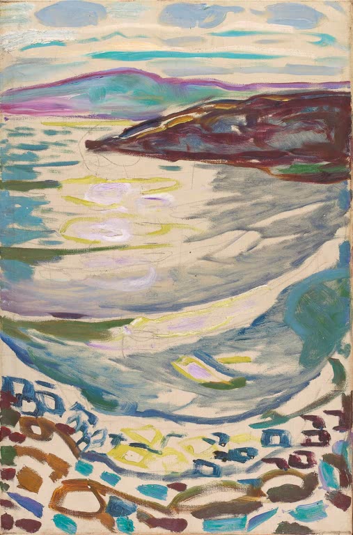Fjord mit Landzunge, glitzerndem Wasser und bunten Steinen – Edvard Munch Landschaft aus Hvitsten Kunstkopie