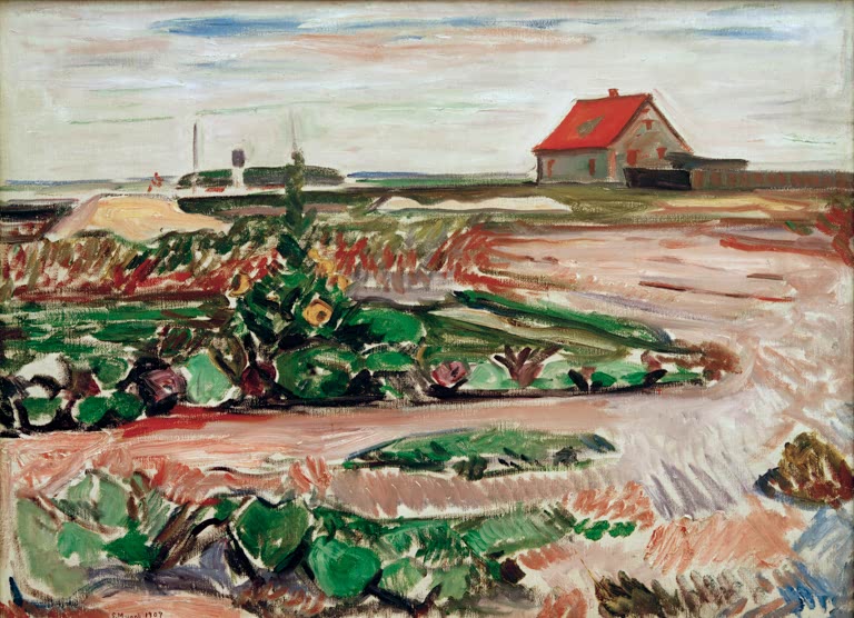 Rotes Haus in flacher Landschaft mit Feldern und Gemüsebeeten – Edvard Munch Landschaft bei Travemünde Kunstkopie