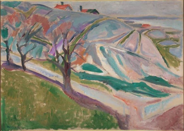 Hügelige Küstenlandschaft mit kahlen Bäumen und roten Hausdächern – Edvard Munch Landschaft, Kragerø Kunstkopie