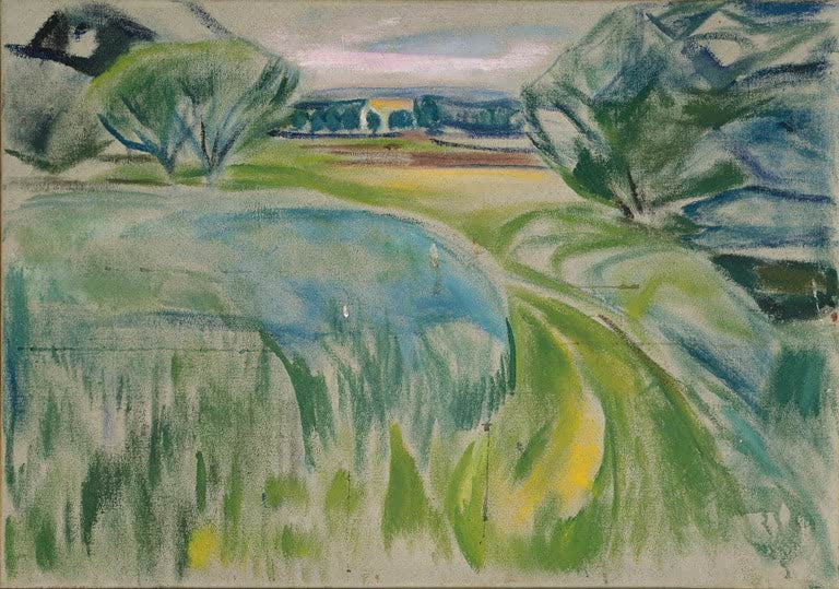 Weite Hügellandschaft mit grünen Feldern und geschwungenem Weg – Edvard Munch Landschaft mit grünen Feldern Kunstkopie