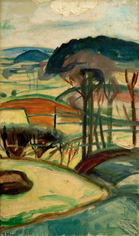 Hügelige Landschaft mit gewundenem Weg, Wiesen und fernen Bergen – Edvard Munch Landschaft Kunstkopie