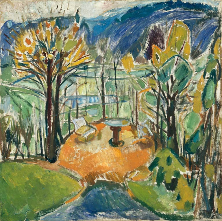 Herbstlicher Garten mit gelben Bäumen, Steintisch und orangem Kiesplatz – Edvard Munch Laube im Spätherbst Kunstkopie