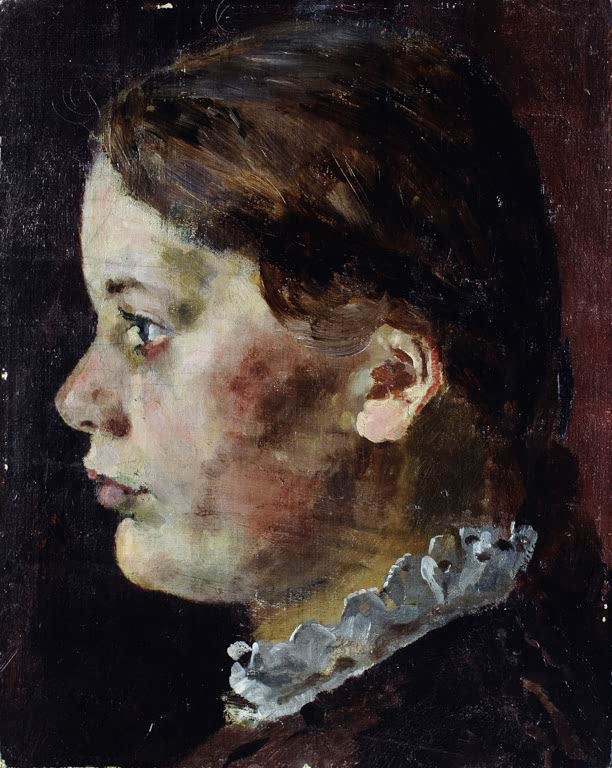 Junge Frau im Profil mit braunem Haar und Spitzenkragen – Edvard Munch Laura Munch Kunstkopie