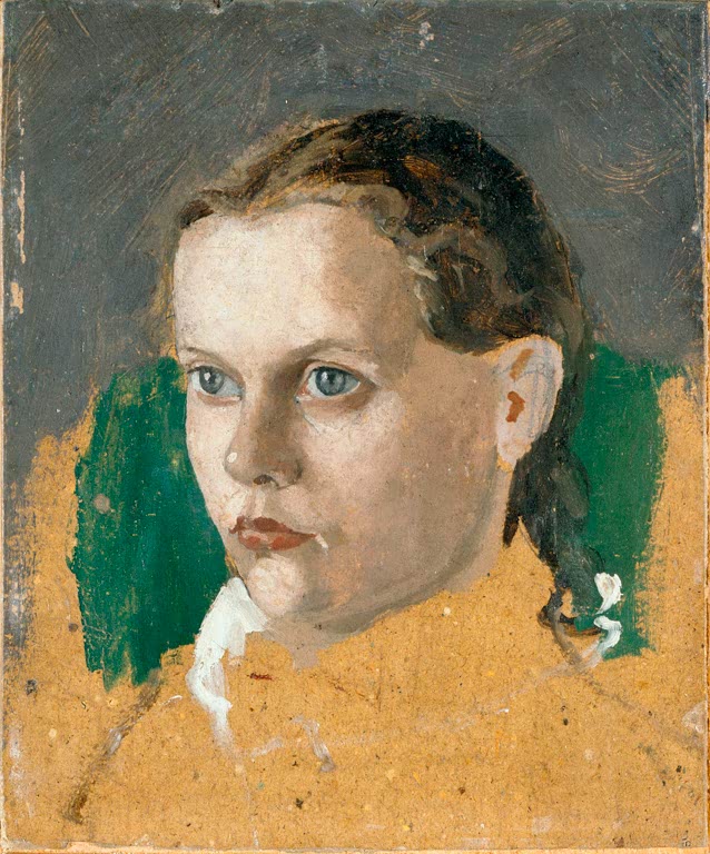 Mädchen mit Zöpfen und hellen Augen vor grünem Grund – Edvard Munch Laura Munch Kunstkopie