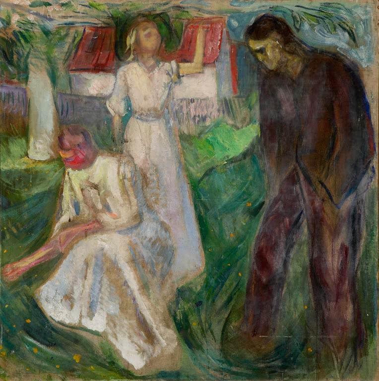 Frau in Weiß, sitzende Frau und dunkler Mann im Garten vor rotem Haus – Edvard Munch Leben Rechter Teil Kunstkopie