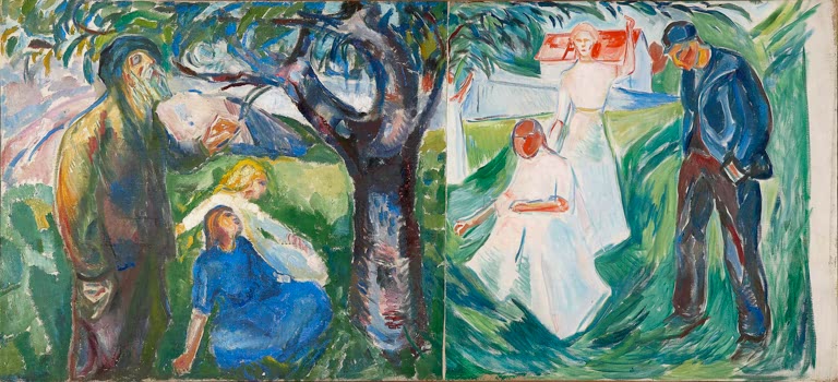 Breites Wandbild mit Paaren und Figuren in Garten und Waldstück – Edvard Munch Leben Kunstkopie