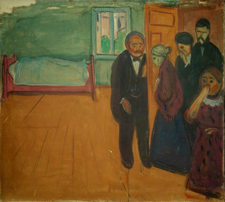 Männer, Frauen und ein Kind stehen betroffen in einem Zimmer mit Bett und offener Tür – Edvard Munch Leichengeruch Kunstkopie