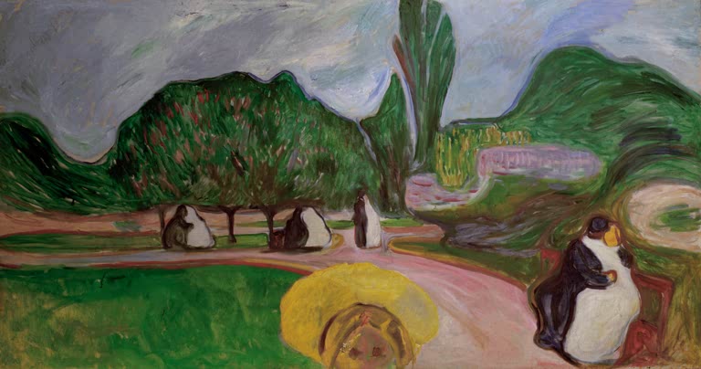 Parklandschaft mit Liebespaaren im Gras und einem rosa Weg – Edvard Munch Liebespaare im Park Kunstkopie